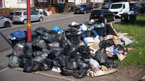 A large mound of black bin bags, loose cardboard and household waste spills across a grass verge and pavement on a residential street. Overflowing wheelie bins in black and blue sit among the debris, with some lids propped open by the volume of rubbish inside. Terraced houses with bay windows line the street behind, with parked cars visible along the road on an otherwise ordinary-looking neighbourhood.