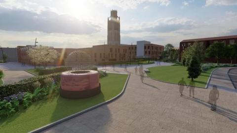 An artist's impression of what Rosegarth Square will look like after extensive regeneration work, including grassy spaces, sculptures and new buildings and paving.