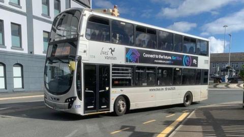 A Mercedes double decker silver bus on Lord Street, Isle of Man