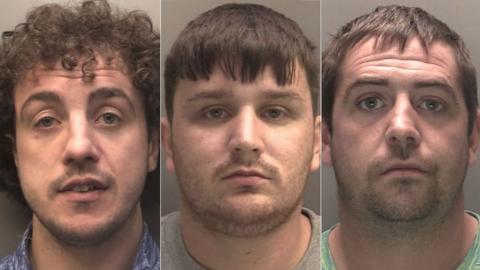 Custody photographs of Michael Smith who has short curly hair and is wearing a patterned shirt, Adam Williams who has short hair and is wearing a grey t-shirt, and Connor Walsh has short hair and is wearing a green t-shirt.