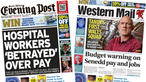 The front pages of the South Wales Evening Post and the Western Mail