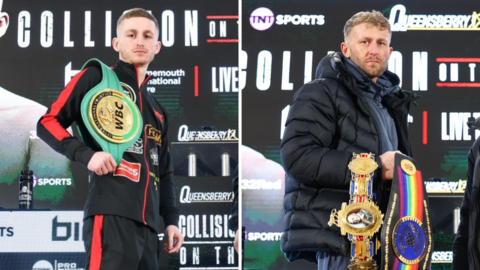 Ryan Garner and Lewis Edmondson pose for photos with their belts 