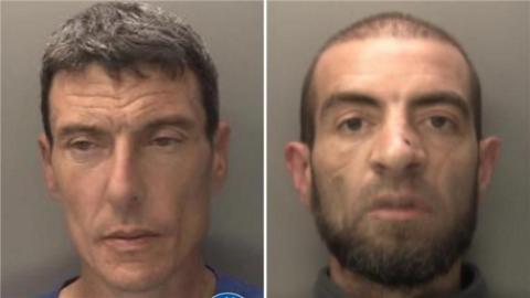 Police mug shots of the two men. The man on the left has brown/grey hair and is wearing a blue T-shirt. He is looking slightly down to the left of the image. On the right, a man with short brown hair and a beard looks directly at the camera. He has a broad nose with a cut on it. He is wearing a grey zip-up top.