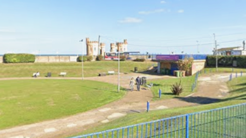An image looking across valley gardens towards the beach. The Pier Towers and a section of blue sea are beyond the park.