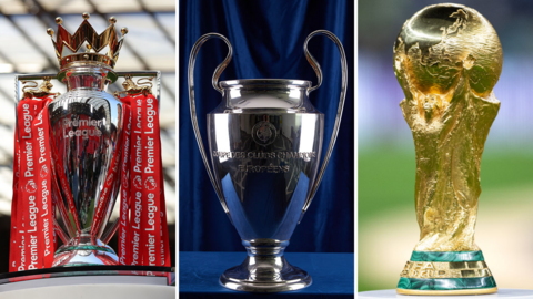 Premier League trophy (left), Champions League trophy (centre), World Cup trophy (right)