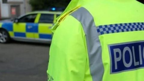 A generic image of the back view of a police officer wearing a yellow jacket with the word police on it. A police car can be seen in the background.