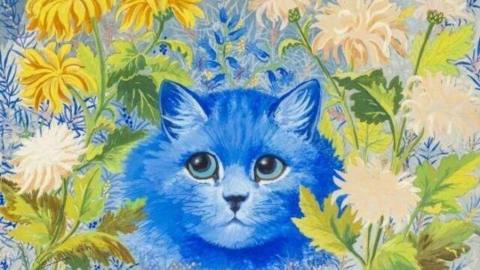 Louis Wain's painting of a bright blue cat, its head poking through yellow flowers with green leafy stems.