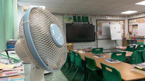 A small rotating desk fan sits on a school desk circulating the air around an empty classroom.
