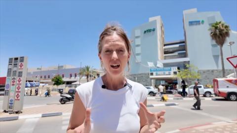 BBC correspondent Lucy Williams, outside Soroka Hospital in Beersheba, Israel