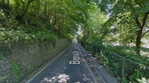 A leafy, narrow street. 