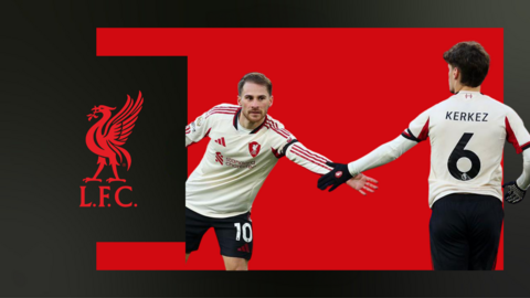 Mac Allister and Kerkez touch hands in front of red and back background with Liverpool badge