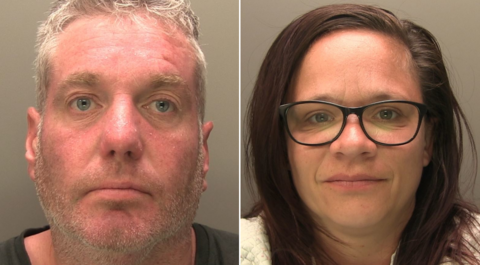 Composite image of police mug shots of a man and a woman. The man has fair hair and a short stubbly beard and is looking directly at the camera. The woman is wearing glasses and has long dark hair.