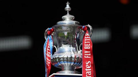 Detailed view of The Emirates FA Cup Trophy on display