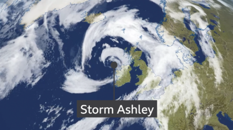 鶹Լ Weather graphic showing satellite swirl of cloud associated with Storm Ashley, centred just to the north west of the Republic of Ireland