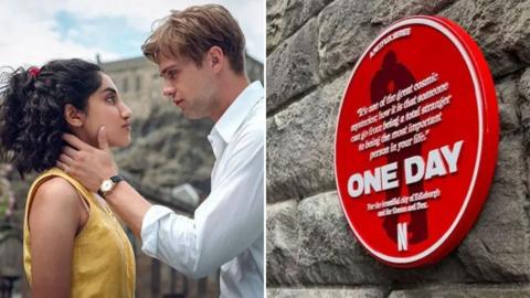 A split image of a couple facing each other as the man places his hand on the woman’s neck. The image next to it is a red sign with One Day in large white letters with a quote attached to a historic wall.