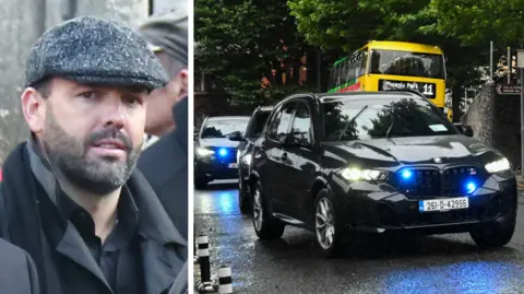 A composite image shows Daniel Kinahan wearing a flat cap, alongside a convoy of police vehicles is shown arriving at court in Dublin, with blue lights flashing.