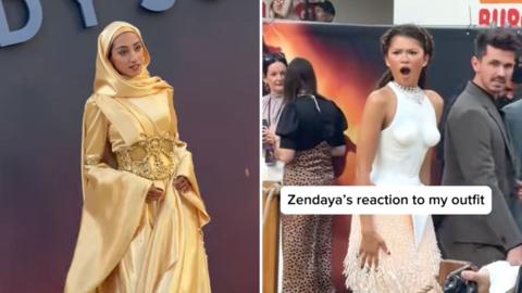 Zainab Jiwa attends 'The Odyssey' London Premiere at Odeon Luxe Leicester Square and Zendaya reacts