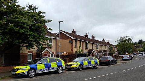 Two police cars are seen parked in a layby beside a road close to a number of houses. A number of other cars are also visible in the background