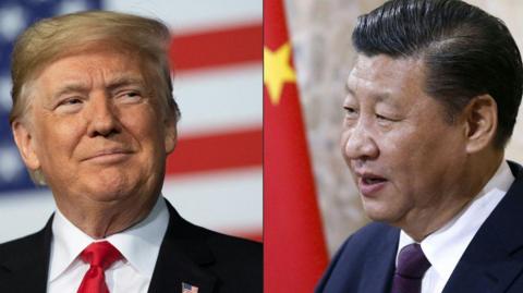 This combination of pictures created shows portraits of US President Donald Trump (left) facing the right and China's President Xi Jinping looking towards the left. Both men are pictured positioned in front of their respective national flags.
