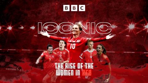 Wales players and graphic promoting 鶹Լ series Iconic: The rise of the women in red