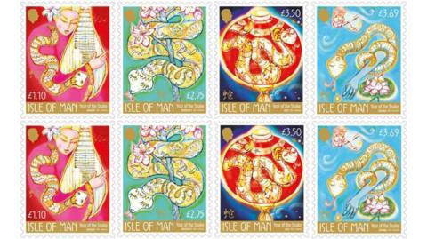 Two rows of the four stamps, which feature a woman playing a lute with her arm as a snake on a pink background , a gold snake wrapped around a tree with the Manx triskellion on the snake on a green background, a Chinese lantern with a golden snake on it on a dark blue background, and a snake wrapped around a woman's arm as she reaches out to a water lily on a light blue background.