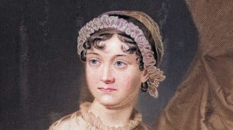 A painting of Jane Austen, who has short curly hair, blue eyes and is wearing a pink ruffled headband