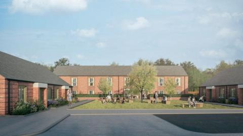 Artist's impression of the new houses, showing a terrace of two-storey properties with bungalows on either side. The buildings surround a communal green with benches and a tree.