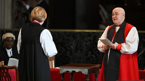 Stephen Cottrell, the Archbishop of York addresses Bishop Sarah Mullally during her 'Confirmation of Election' ceremony to legally confirm as the first female Archbishop of Canterbury at St Paul’s Cathedral, on January 28, 2026 in London, England.