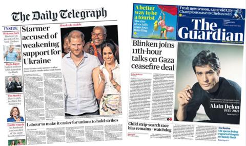 The front pages of the Daily Telegraph and the Guardian