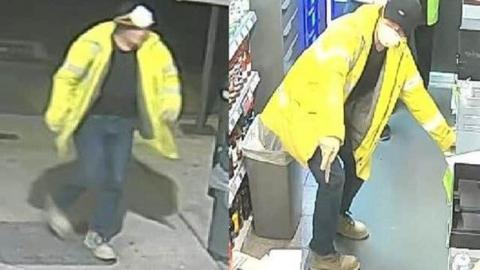 Two CCTV images of a man dressed in dark clothing with a yellow hi-vis coat and mask - he is pictured inside and outside a petrol station. 