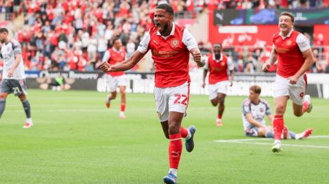 Rotherham goalscorer Denzel Hall celebrates