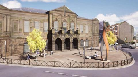A computer-generated image of the proposed public square in front of Longton Town Hall shows a pedestrianised area in front of the municipal building, with benches, trees and a public artwork.