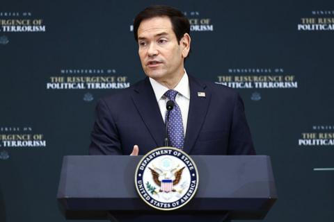 Secretary of State Marco Rubio delivers opening remarks during the Ministerial on the Resurgence of Political Terrorism at the State Department on July 16, 2026 in Washington, DC. 