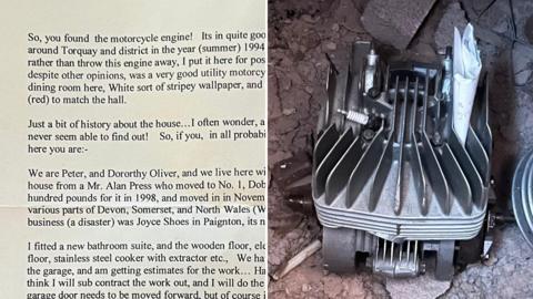 SPLIT IMAGE:
Left: A letter left in the motorbike engine. It's dated from July 1999 and reflects on the house as it was
Right: The motorcycle engine found in a man's home. The letter (mentioned to the left) is sticking out of it. It's surrounded by rubble but looks quite new
