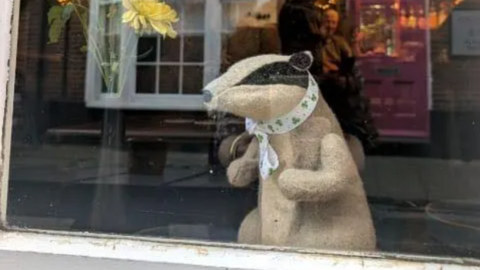 A soft toy badger perched on the window sill of a pub in Wimborne, Dorset