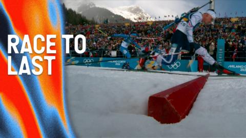 Biathlon skiers race across the finish line