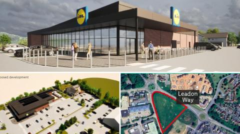 An illustration shows a planned supermarket building with people outside, along with a small map and layout of the site.