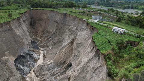 Drone shot of the sinkhole in Indonesia.