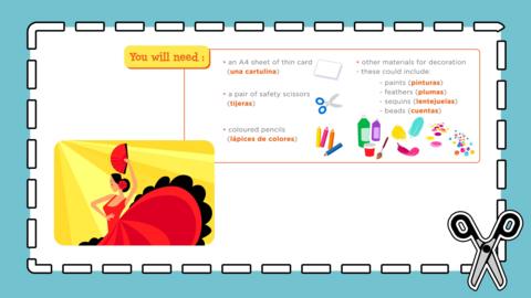 Colourful list of items needed to make a Spanish fan plus a cartoon image of a dancer. 