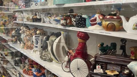 Floor to ceiling shelves showing rows and rows of novelty teapots 