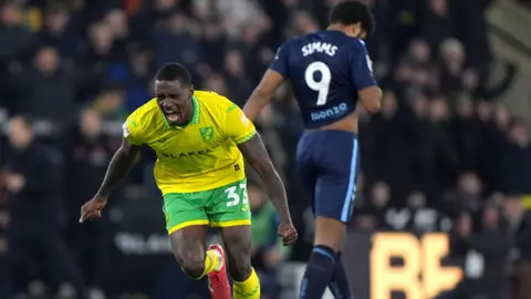 Norwich defender Jose Cordoba screams in celebration as Ellis Simms covers his face with his shirt