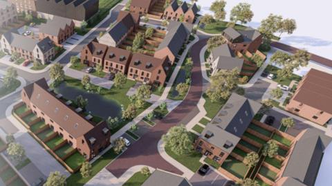 A computerised image of a new housing estate, complete with homes, roads and green space.