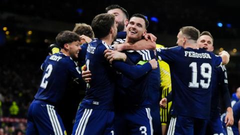 Scotland's Andrew Robertson and Ryan Christie celebrate with team mates