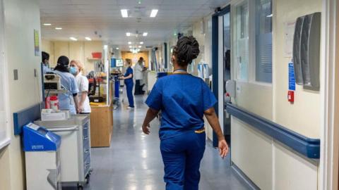 A nurse wearing blue scrubs walks down a hospital corridor, she has her hair up in a bun.