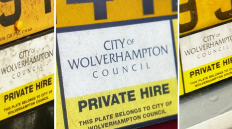 Three images of taxi plate licences from Wolverhampton council are shown together in the photos at varying angles.