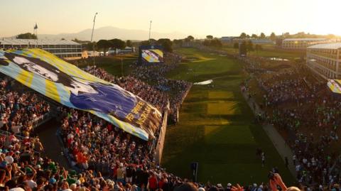 A huge banner featuring an image of Seve Ballesteros was unfurled on the opening morning of the 2023 Ryder Cup in Rome