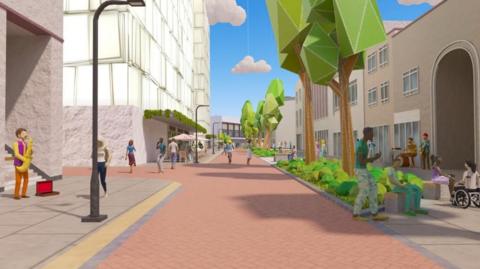An artist's impression of what The Horsefair would look like after the work, showing the road totally car free. Pedestrians and cyclists meander up the street, while some sit on benches on the pavement. In the distance, covered seating can be seen outside a cafe.