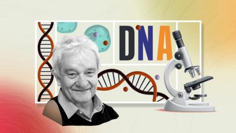 Artwork featuring DNA helixes, a microscope and a man's head and shoulders