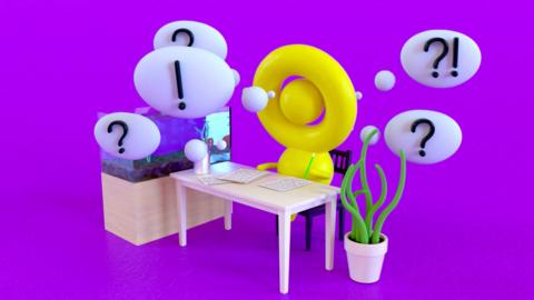 Graphic of a figure sat at a work desk surround by "?" and "!"s in thought bubbles