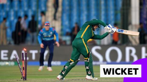 South Africa's Ryan Rickelton is bowled out